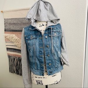 Mixed media hooded denim jacket.